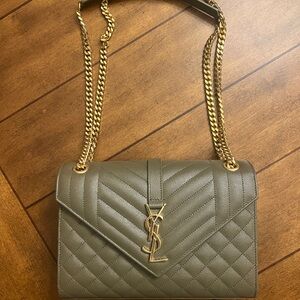 Authentic YSL handbag hard shell medium olive green w/ adjustable sliding chain